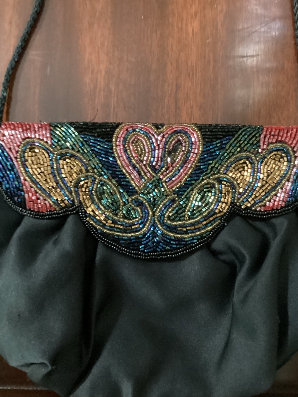 Vintage 80s 90s Black Satin Beaded Evening Bag - Picture 2 of 3